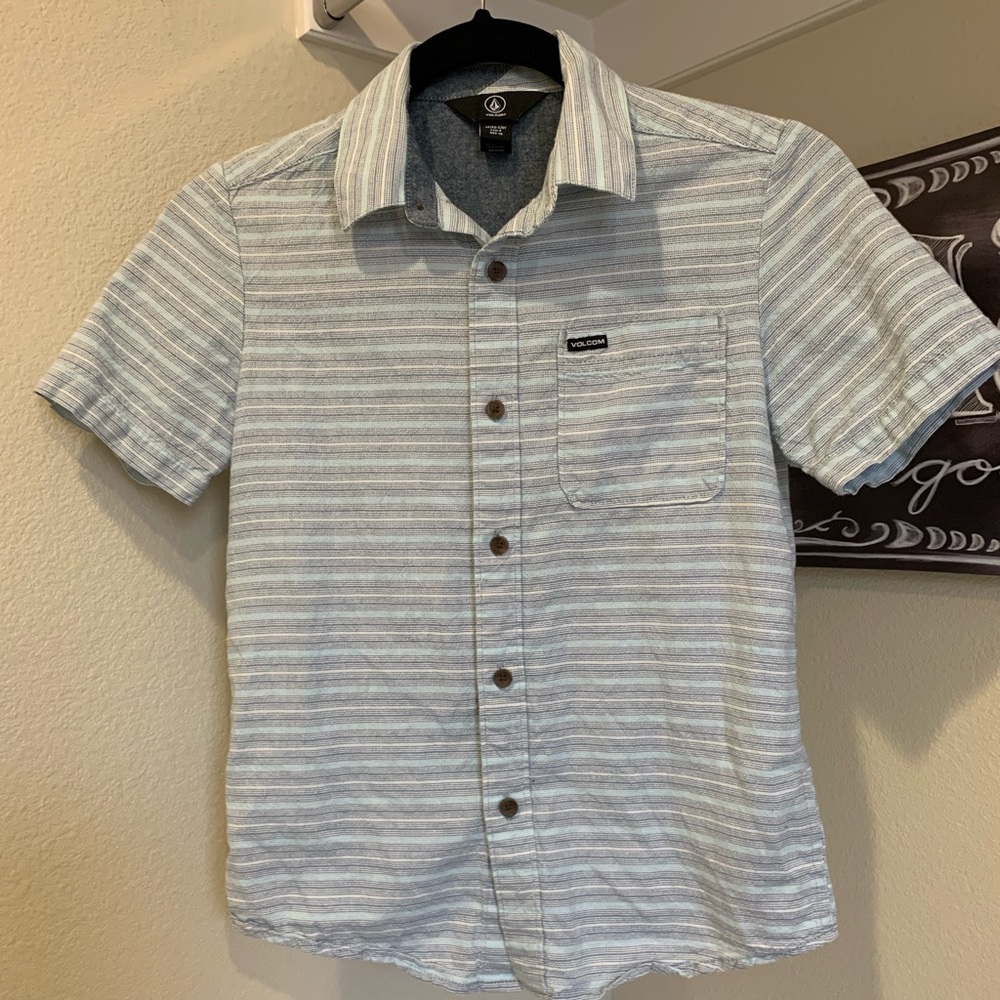 Volcom Boys' Aqua & Gray Striped Short Sleeve Button-Up Shirt